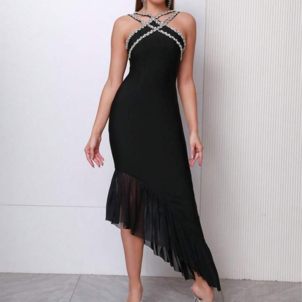 Crystal Beaded Rhinestone Criss-Cross Black Asymmetrical Dress